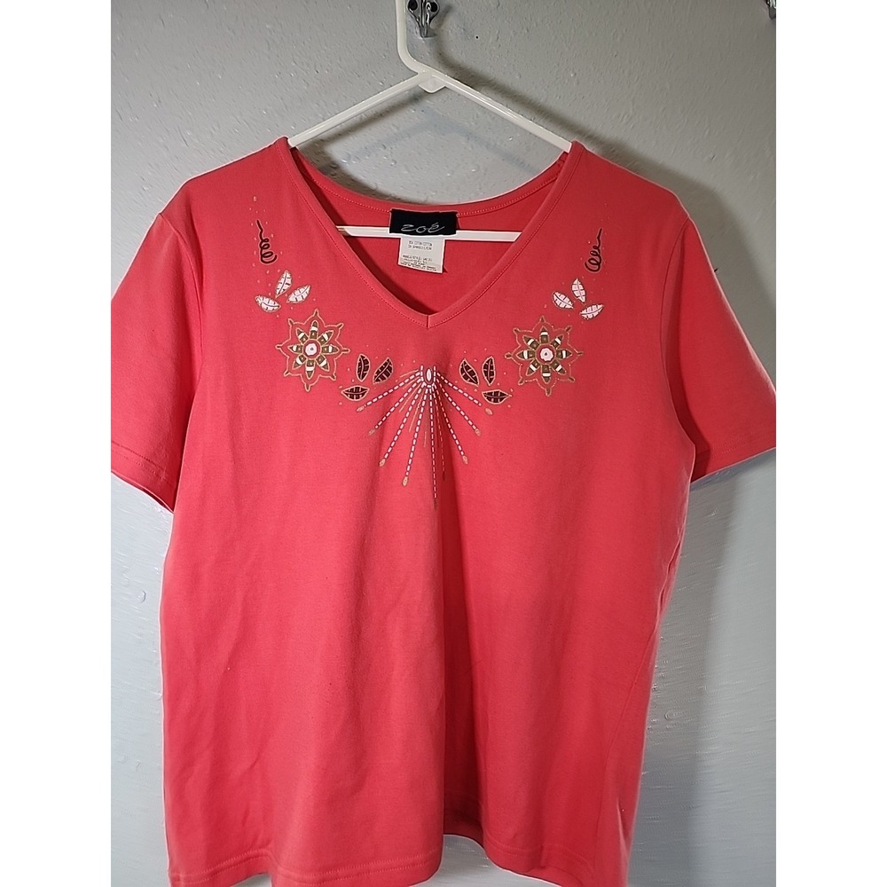Zoe Women Shirt Top V Neck Short Sleeve Coral Pink Size Lg‎
